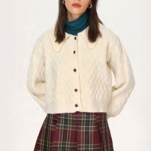 2022 Fashion Beige Turn Down Collar Button Balloon Sleeve Rayon Nylon Custom Embroidery Women's Sweaters